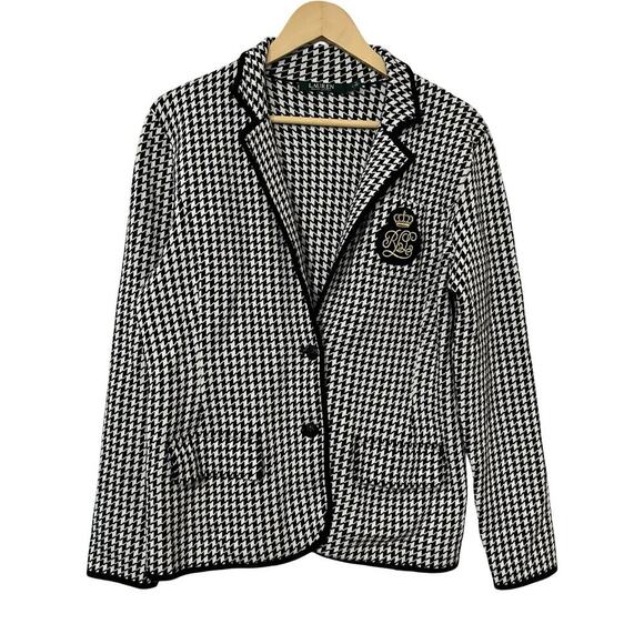 Lauren Ralph Lauren Womens Houndstooth Cotton Knit Blazer Size L Preppy Academia - Picture 1 of 8
